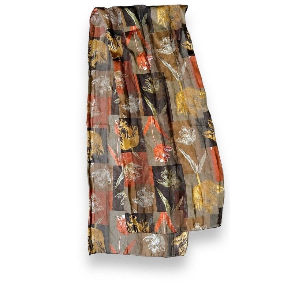 Brown Yellow Orange Long Rectangular Scarf Swirl 61” X 13” Roses Vtg